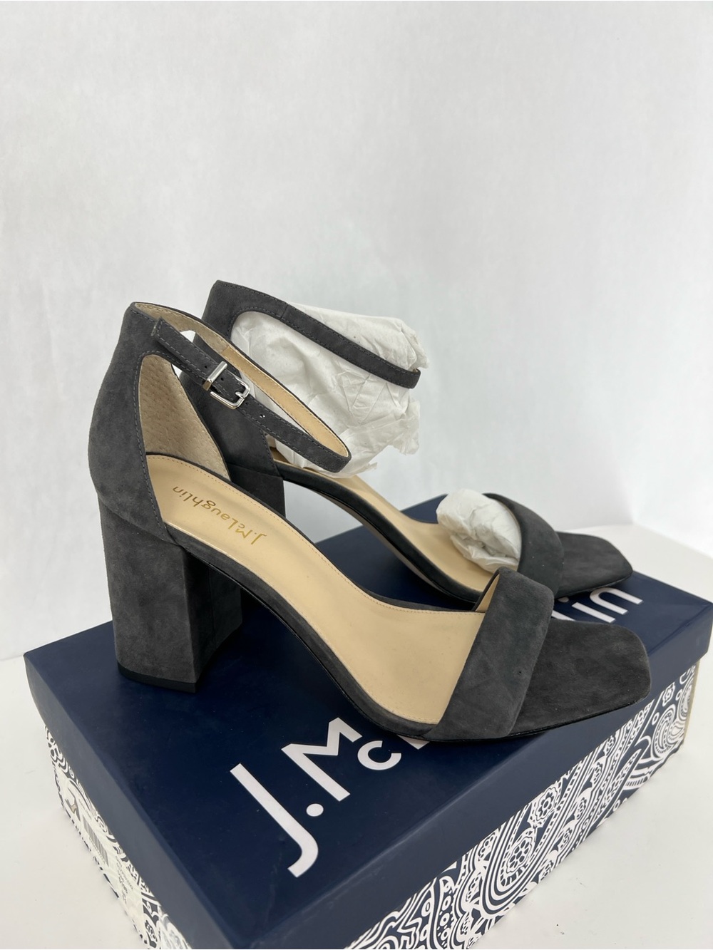 J. McLaughlin Esme Charcoal Gray Suede Block Heel Sandals